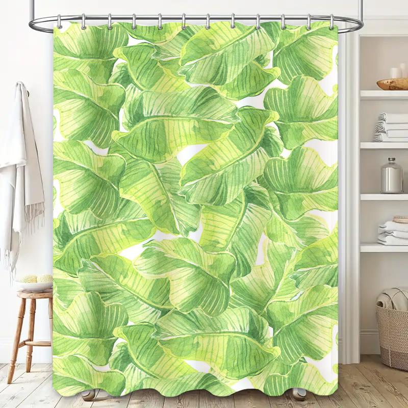Green Leaf Print Shower Curtain Waterproof Fabric Bathroom Decor 3D Banana Leaves Design For Home Decoration Size:59X70 Inches (