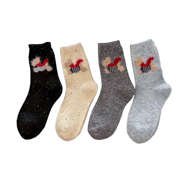 Thick and Warm Women's Socks Featuring Cartoon Dogs. Winter and Autumn Style. Wool with Yarn Dots. Mid-calf Length Socks.