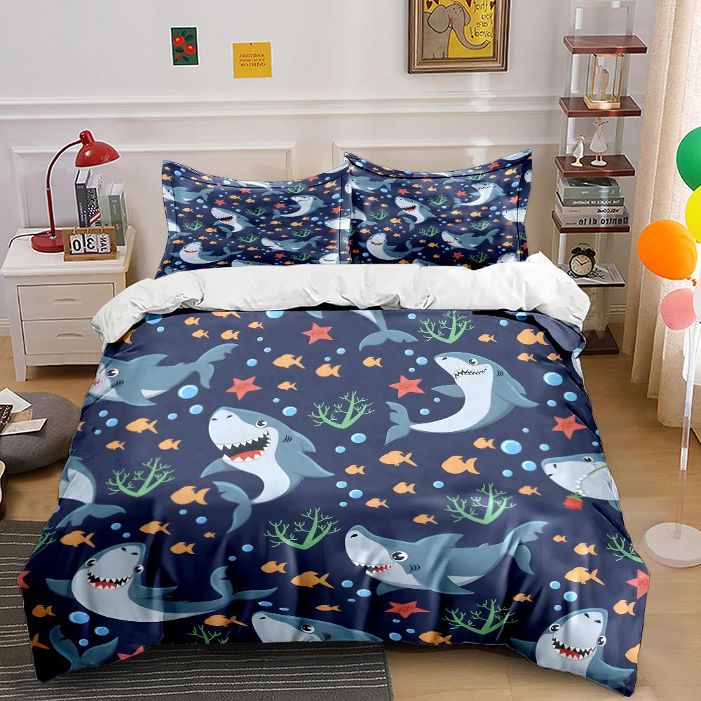 Cartoon Sharks And Ocean Elements Bedding Set For Kids Luxury Gift 3Pcs Digital Print Comforter Set Soft Comfortable Breathable