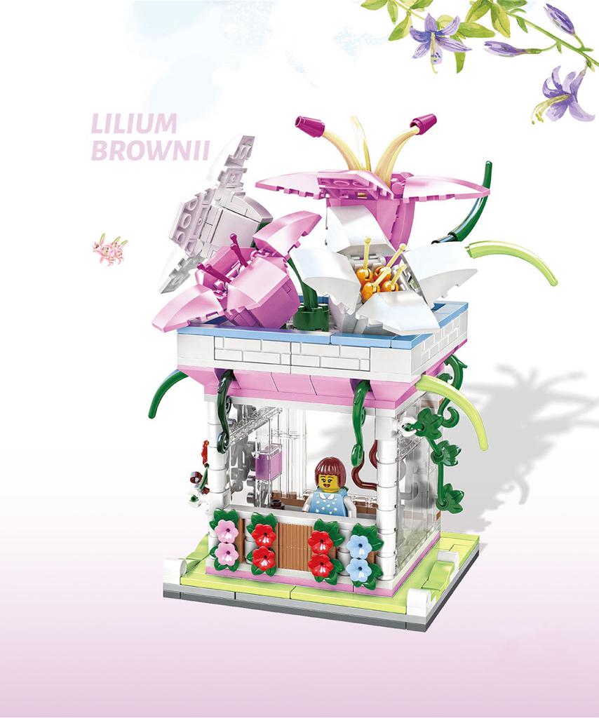 Creative Flower Shop Street View Mini Block Rose Orchid Plum Cherry Blossoms Narcissus Lily Florist Building Brick Figures Toys