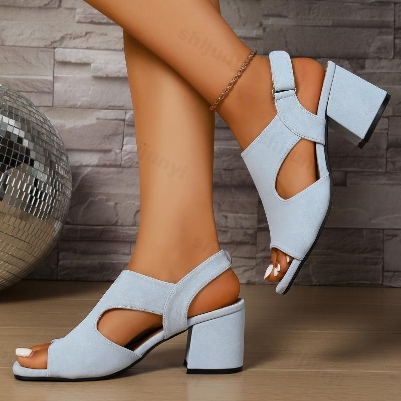 Fashion 2025 Summer New Women's Coarse Heels Fashion Casual Sandals Open Toed Hollow Breathable Roman Style Slip on High Heel Cool Pumps