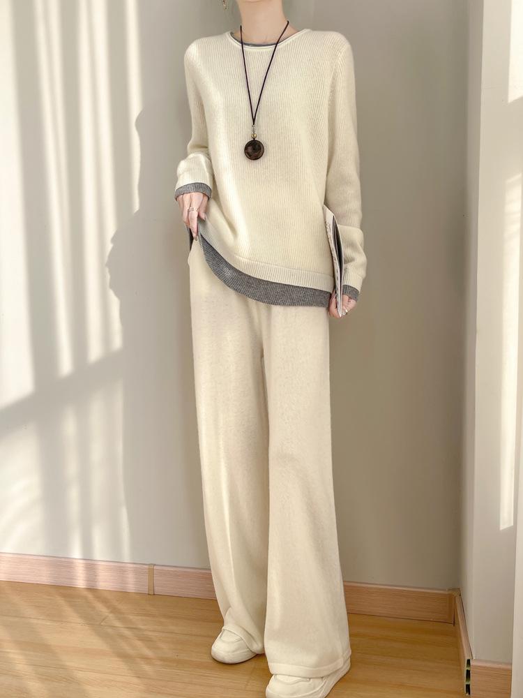 Women's Wool Suit: Two-Piece Look, Autumn/Winter, Versatile High-Quality Sweater and Pants, Lazy Style