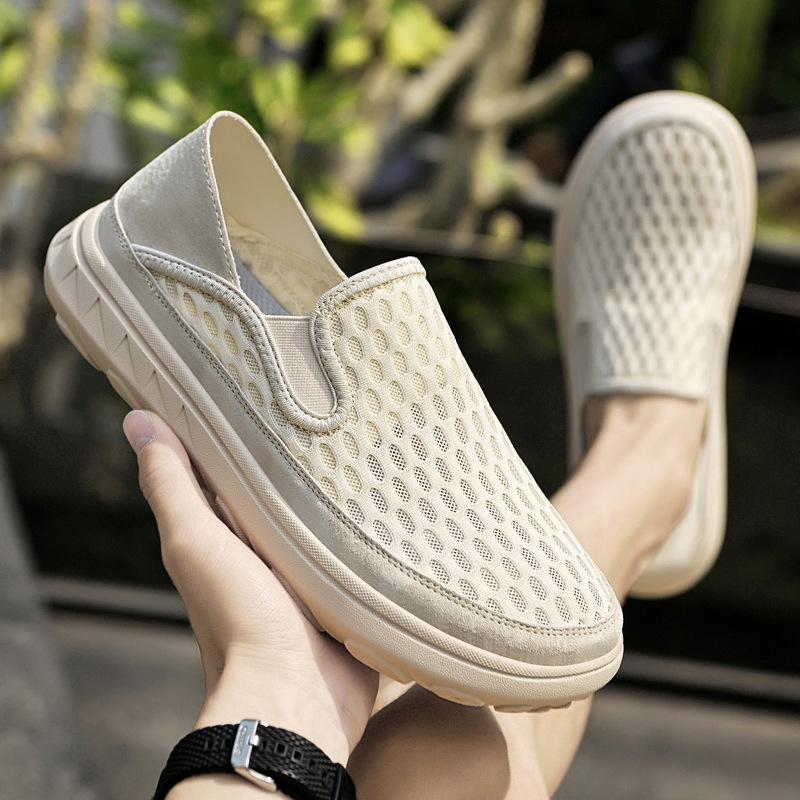 

Men s shoes 2025 summer new large-size mesh one-pedal soft-soled shock-absorbing casual fly-woven breathable lazy shoes 38 песочный