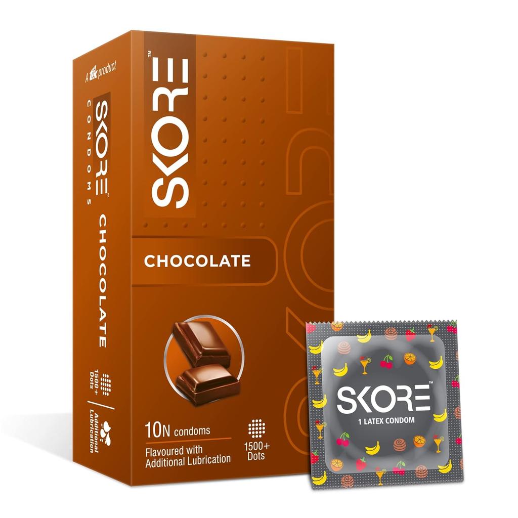 Skore Chocolate Flavoured Dotted Condoms 10 Pieces Pack Natural Latex Intimate Pleasure Enhancement Protection