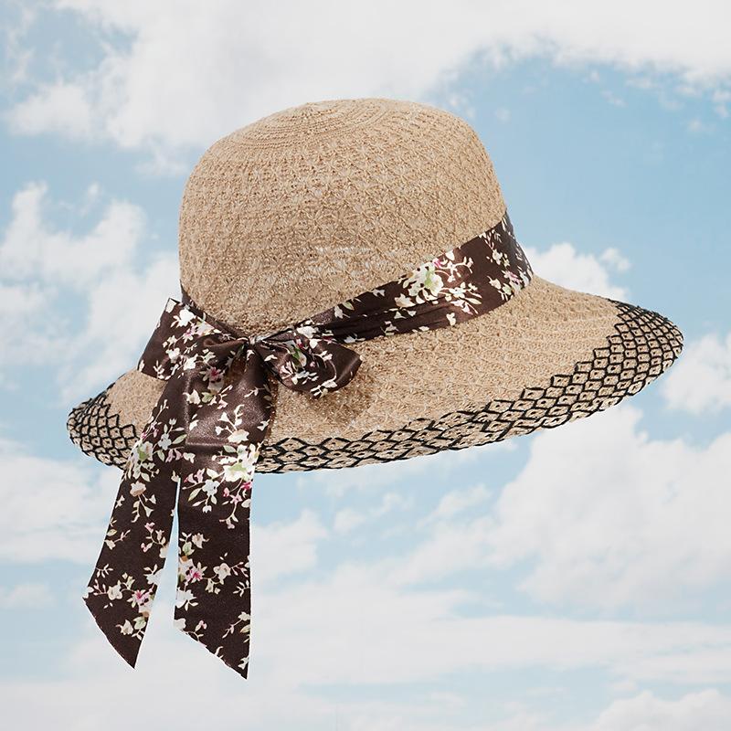 Hat Women's Summer New Knitted Hemming Bow Straw Hat Breathable Sunscreen Hat Big Brim Women's Sun Hat