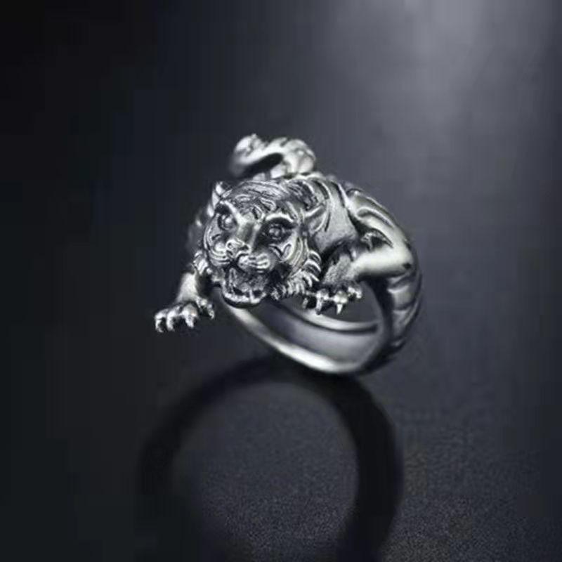 Adjustable Vintage Tiger Ring Men Women Copper Silver-Plated Open Band Zodiac Animal Jewelry