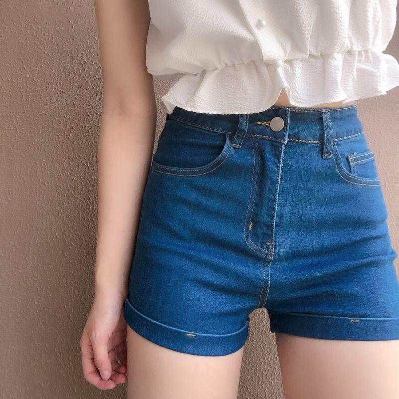 

Plus Size High Waist Denim Shorts: 5 Colors, Slim Fit, Cuffed, Elastic, Versatile Solid Color for Women XS (75-84 lbs)