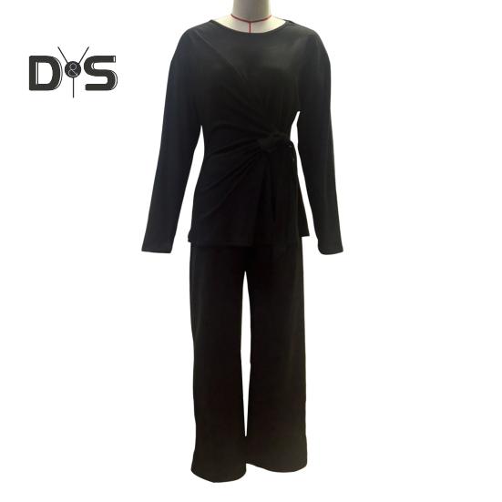 2 Pcs/Set Women Top Pants Suit Round Neck Long Sleeves Lace-up Pleated Blouse Elastic Waist Wide Leg Trousers Daily Wear Outfit Fall Spring Tracksuit