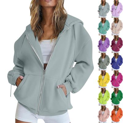 Women's  Fashion Zipper Hoodie Long Sleeve Hooded Pullover Sweatshirt Casual Solid Color Tops With Pockets