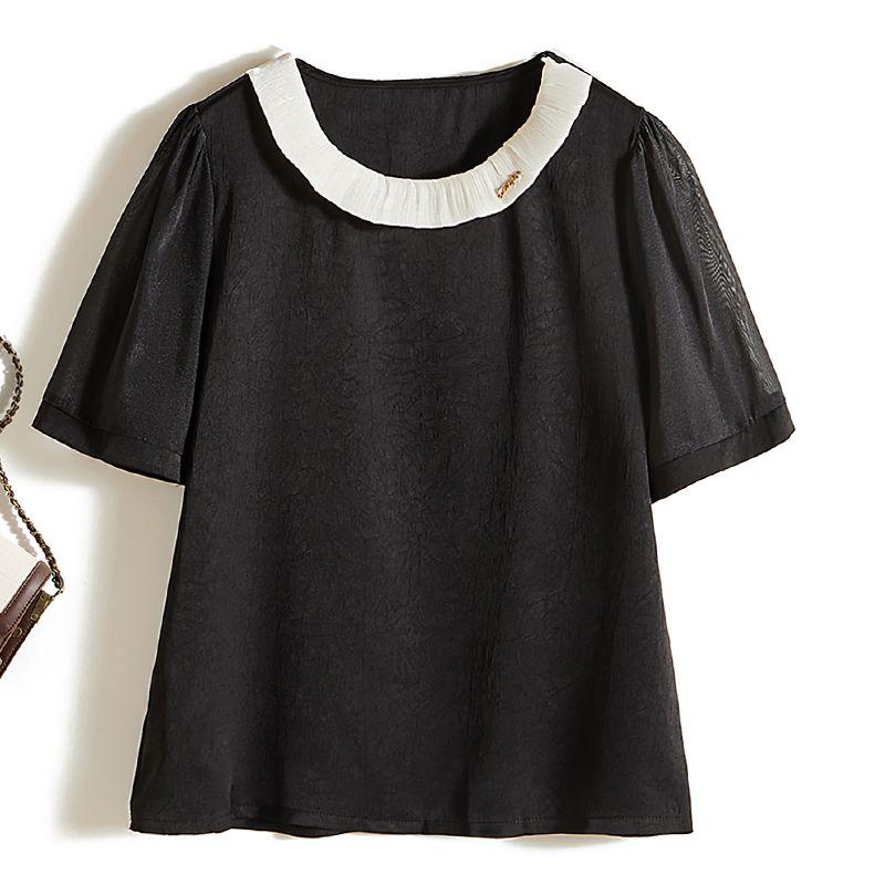 

Satin Poplin Silk Contrast Color Col Claudine Top! Work Clothing Elegant Women s Simple Pullover Short Sleeve Black T-shirt Summer Black L