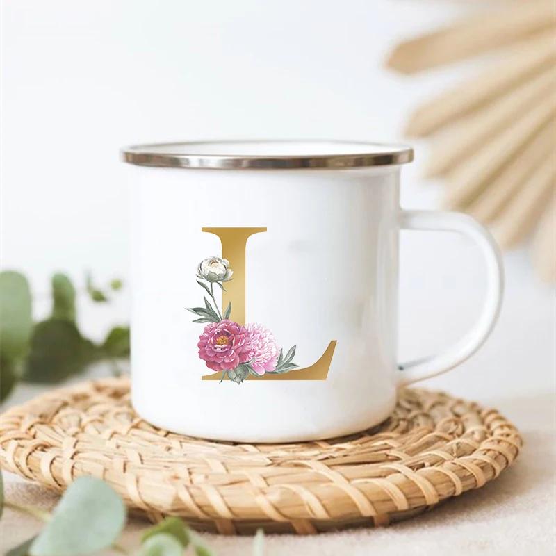 Letter Floral Print Vintage Enamel Mugs Creative Coffee Tea Cup Drink Dessert Milk Cups Handle Drinkware Wedding Bridesmaid Gift