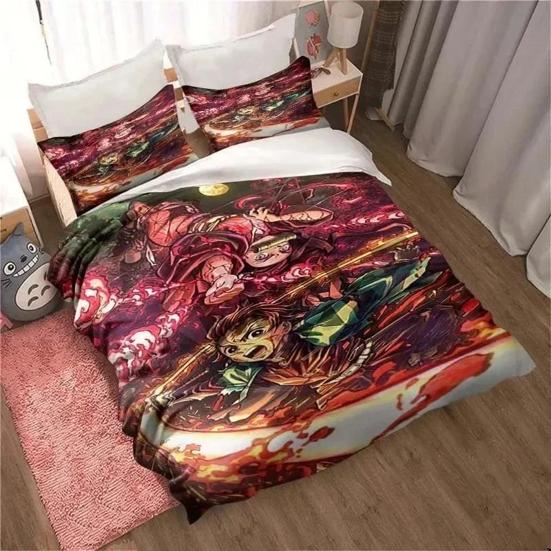 Demon Slayer, Anime Tegneserie Gave King Twin Dobbel Barn Sengetøy Sett Mircofiber eller Polyester Dynetrekk Sett Deksel Sengedekke med