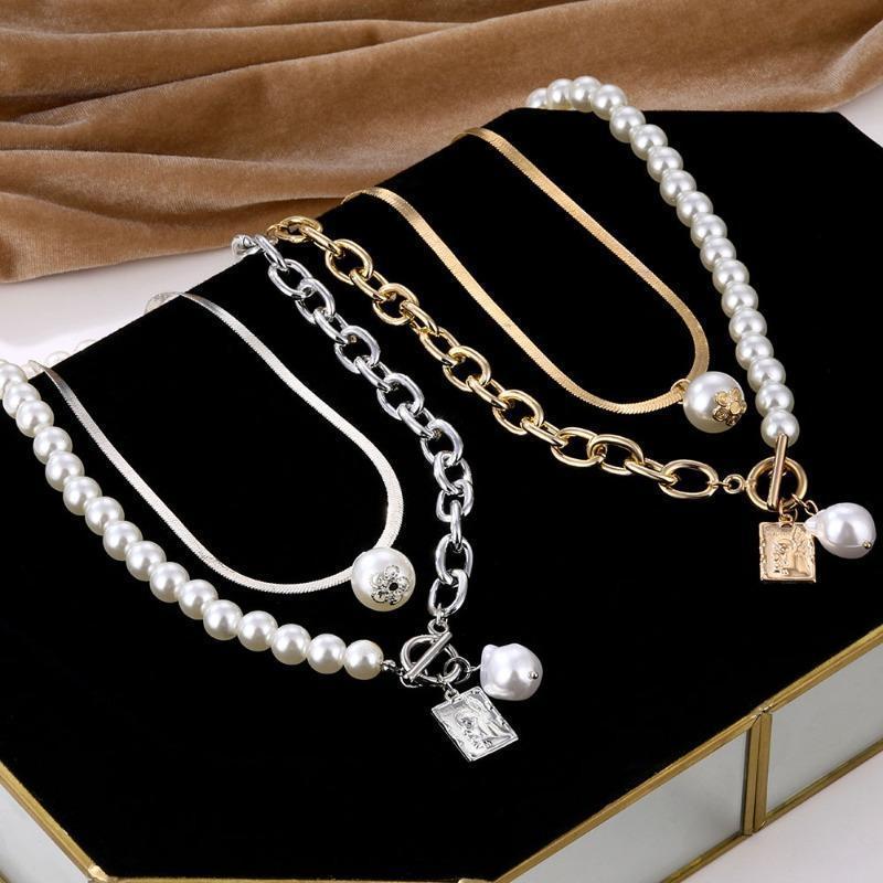 Fashion Alloy Pearl Splicing Stacked Necklace Retro Baroque Style Imitation Pearl Necklace Women's Elegant Square Necklace Set