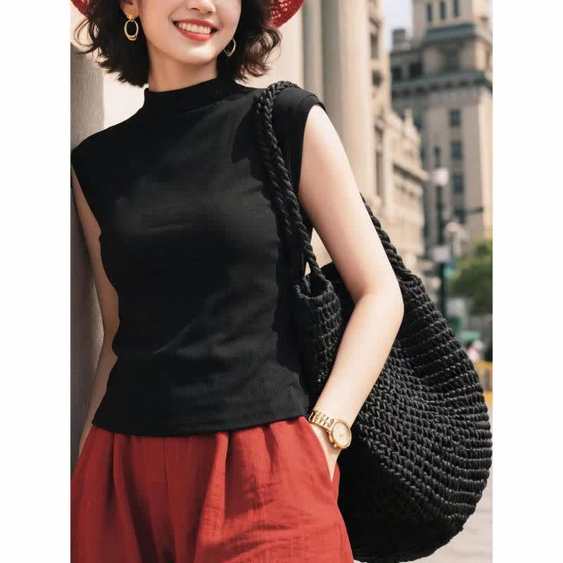 Basic House Women's Semi-High Collar Flutter Sleeve T-Shirt