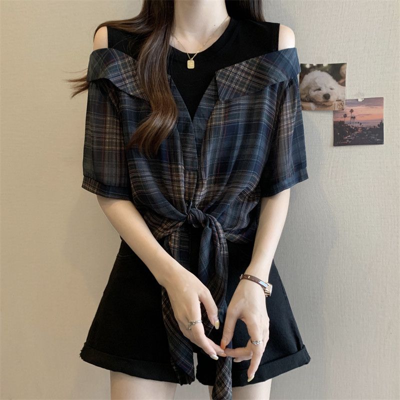 Stylish Niche Style Fake Two-Piece off-the-Shoulder Gingham Short Sleeve Blue Plaid XL