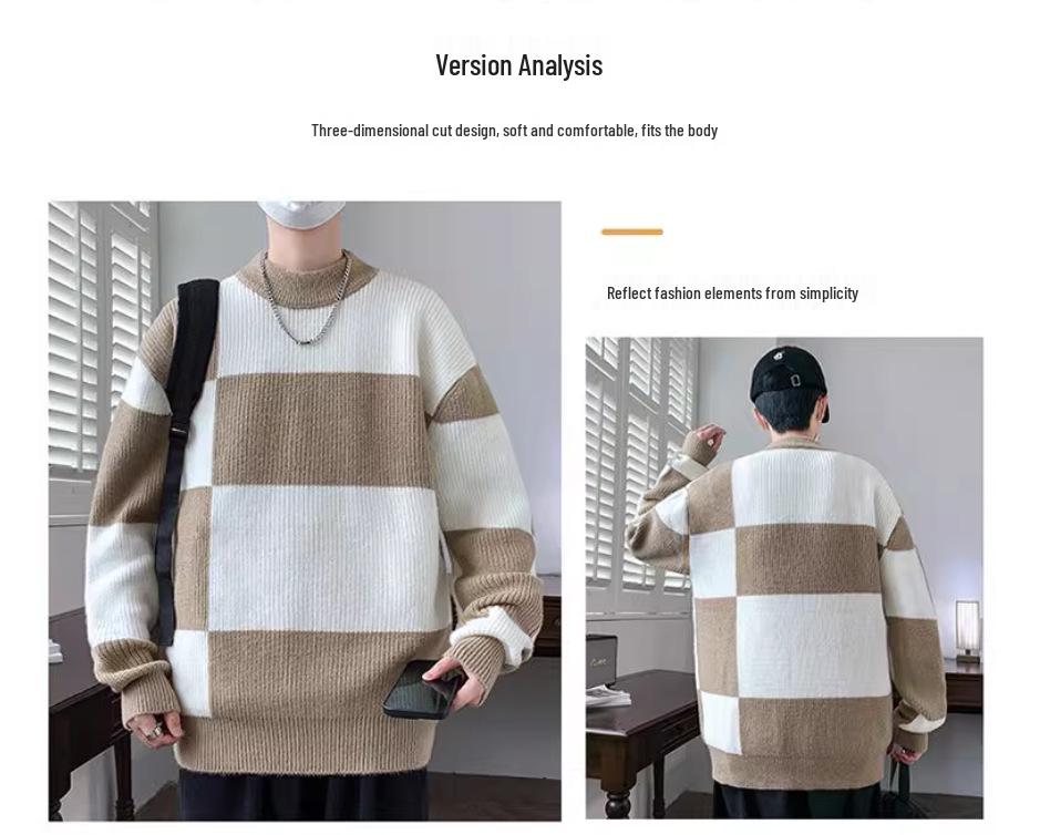 Men's Round Neck Color-Block Sweater - Trendy Knitwear Pullover for Autumn/Winter