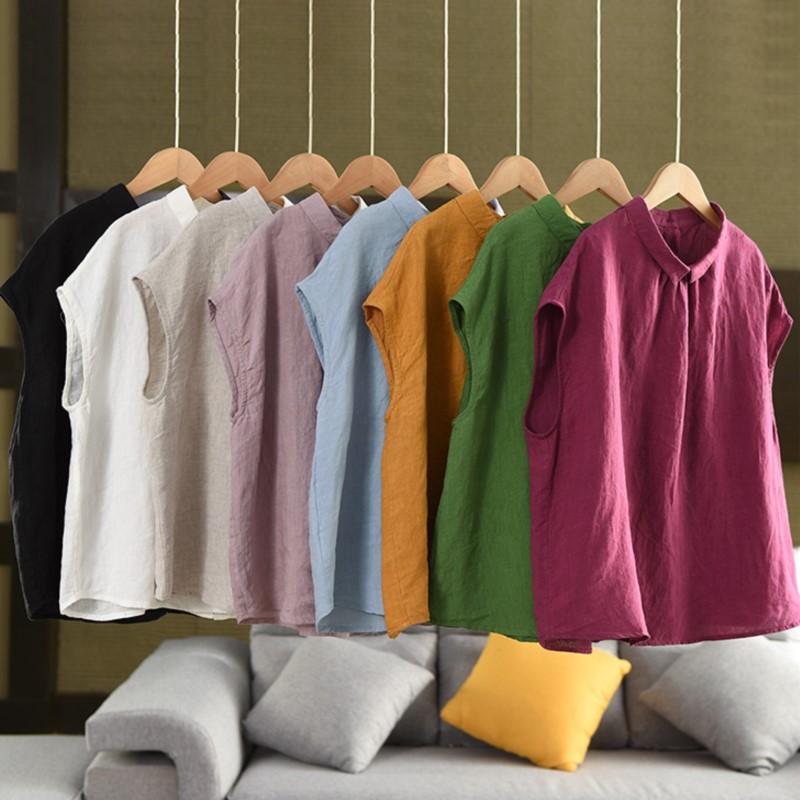 Johnature Women Vintage Summer  Shirts Solid Color Turn-down Collar Sleeveless Tops Casual Female Shirts