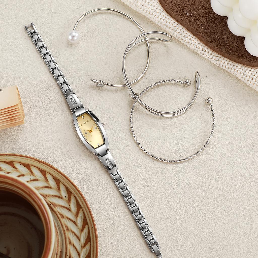 No Gift Box New Small Dial Barrel-shaped Delicate Ladies Quartz Watch   Pearl Bracelet 4-piece Set
