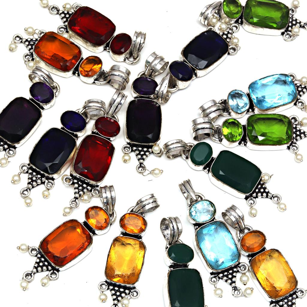 10 pcs Multi Color Stone Pearl Gemstone Women's Silver Jewelry Pendant