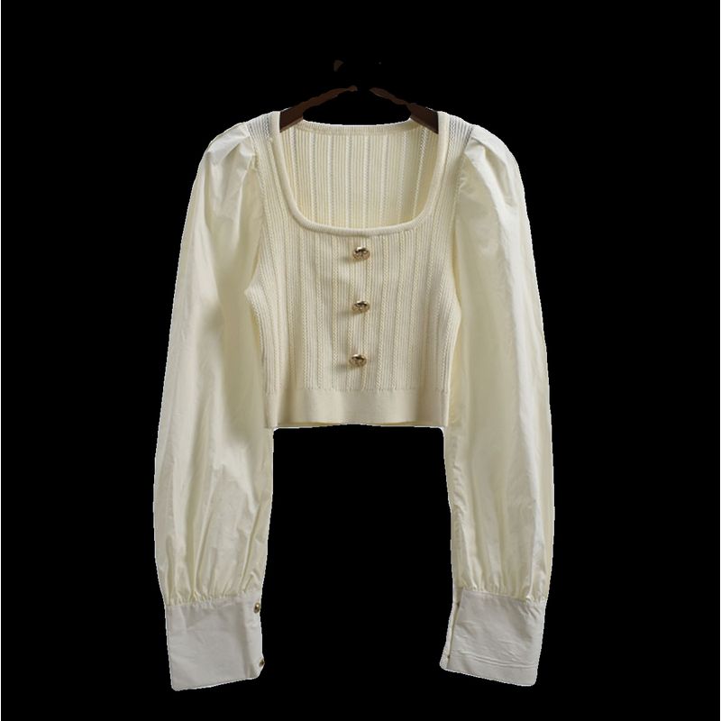 Withdraw from Cupboard Classic Style Square Collar Short Silm High Waist Long Sleeves Knitting Clothing Patchwork Pure Color Pullover Stylish Women