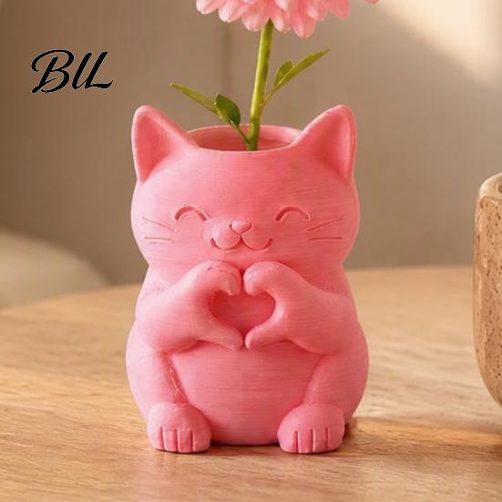 Creative Housewarming Presents 3D Printed Cat Vase, Cute Smiling with Heart?Hand Gesture Flower Holder, Desktop Decor Animal Shaped Decor,