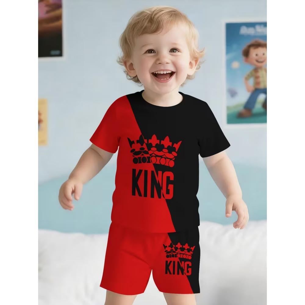 Geometric Color Block Kids Sport Suit Short Sleeve Tee and Shorts 2-Piece Set Green Casual Summer Clothes for Boys