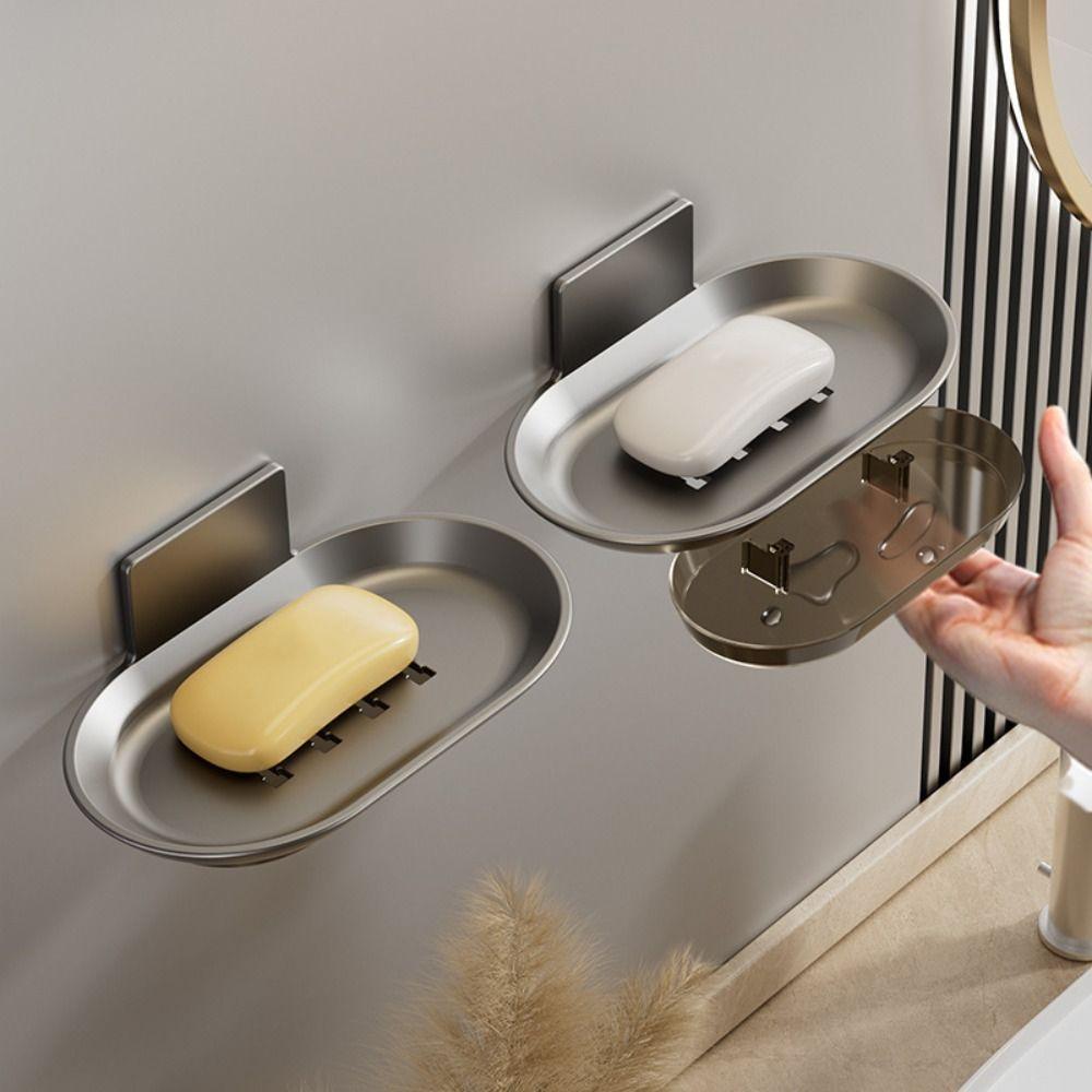 2Pcs Aluminum Wall-mounted Soap Dish Punch-Free Soap Storage Tray Soap Drain Box  Household