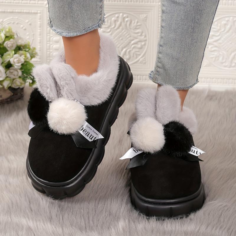 Thick Bottom Bow Rabbit Plush Cotton Shoes Household Women Home Simple Warm Snow Boots Anti-slip