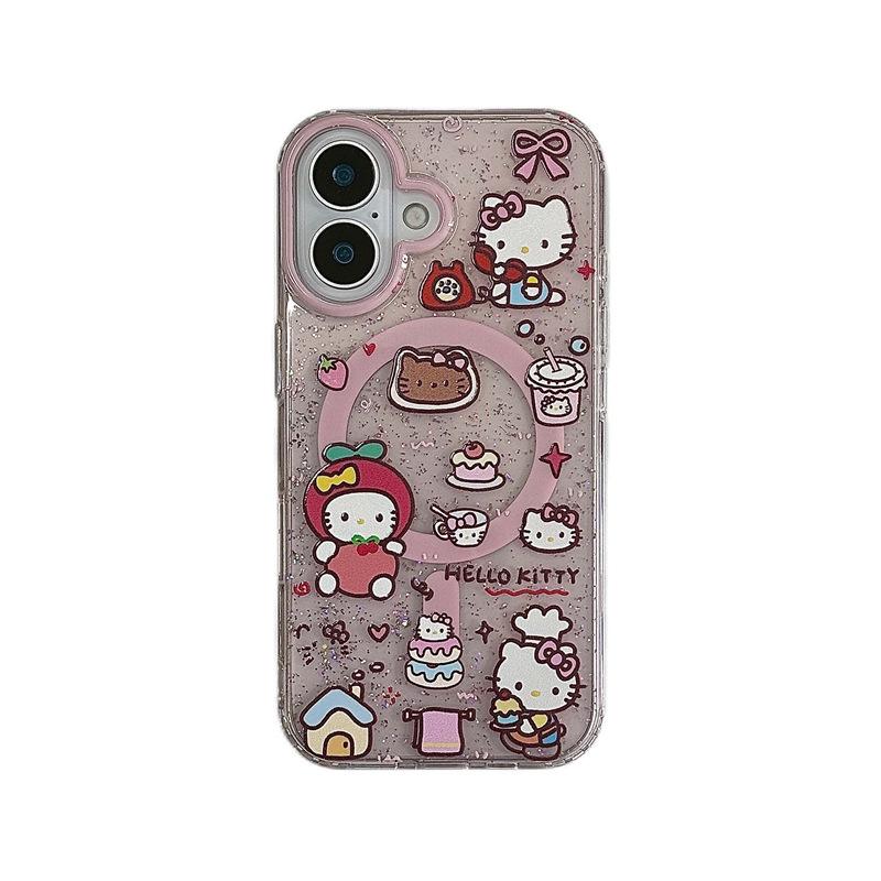 KT Cartoon Glitter Magnetic Phone Case for iPhone 17 Pro Max, 16 Pro, 15 Pro