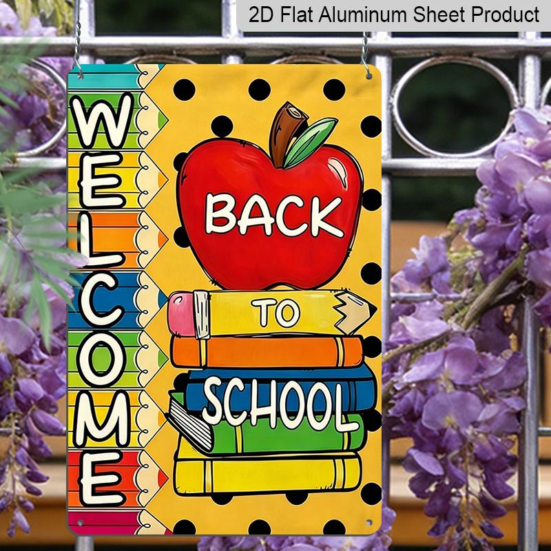 2D Flat, 1pc "Welcome Back To School" Metal Wall Art Sign with Apple & Colorful Pencils - 8*12 Inch Aluminium Classroom Decor, Polka Dot & Rainbow