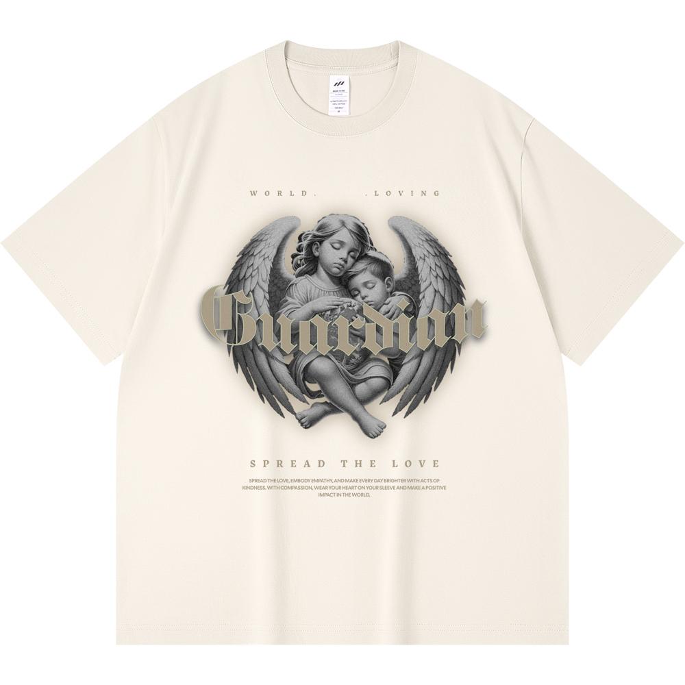 

230GSM 100% Cotton T-Shirt Guardian Angle Print Tees Funny Harajuku Style Combed Cotton Tshirt XS абрикосовый