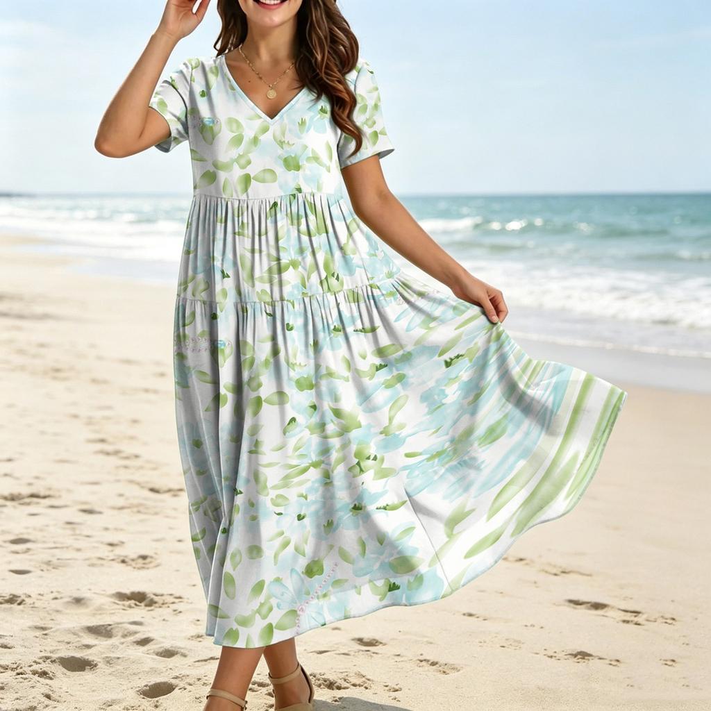 Damen Lässiges Bohème-Stil Lockere Passform Blumenprint Kurzarm V-Ausschnitt Maxikleid für den Alltag