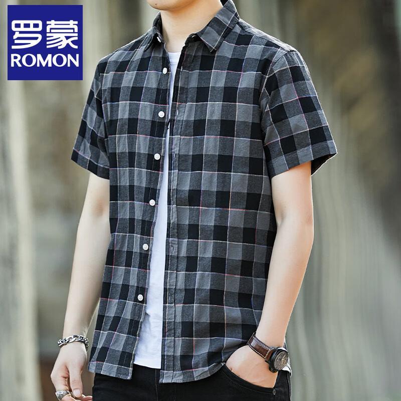 Romon Men s Pure Cotton Loose Fit Plaid Short Sleeve Casual Shirt M