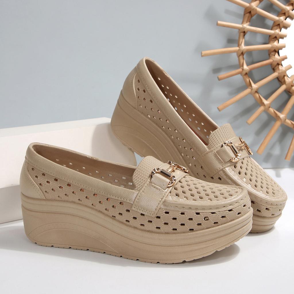 New leather hollow platform muffin shoes slope heel rocking shoes large size women's shoes casual