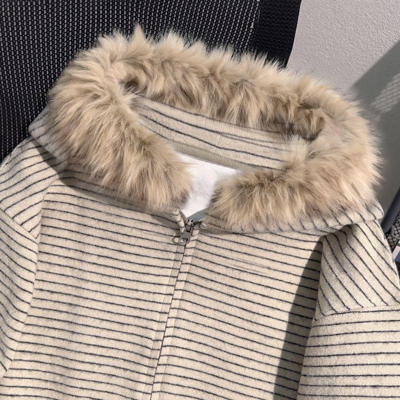 Women's American Retro Striped Zipper Hoodie: Autumn/Winter Casual Loose-Fit Cardigan