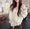 Gentle Fashionable and Comfortable Hollow Crochet V-neck Knitted Sweater Women's Autumn Loose and Thin Drawstring Sweater Jacket
