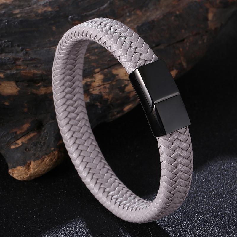 Klassisk Svart Rustfritt Stål Knapp Menn Lærarmbånd Luksus Armbånd Gave