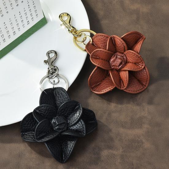 Schlüsselanhänger Anhänger Handgenäht Kunstleder Kamelienblüte Design Schlüsselkette mit Metall Karabinerhaken Leichtes Tasche Anhänger Zubehör