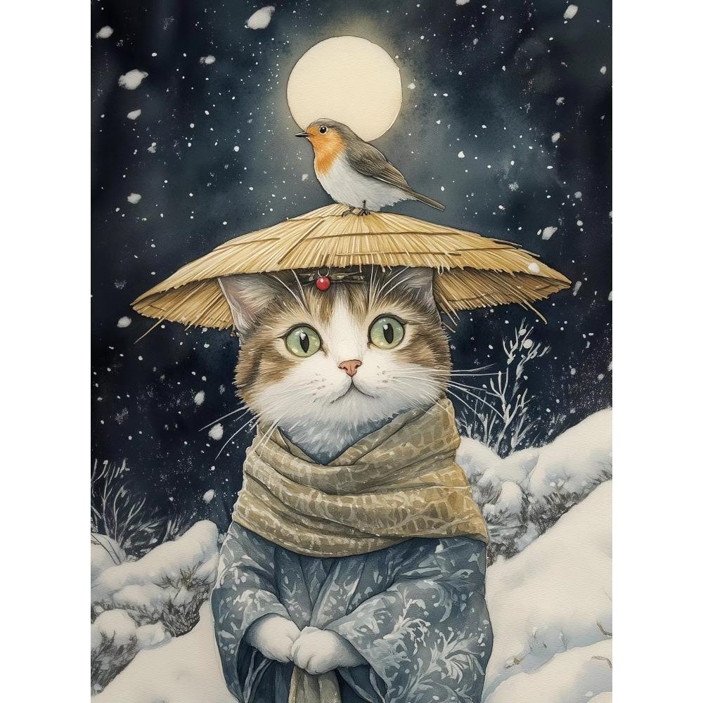 Canvas  Japanese Black Cat Bathing Moon Lucky Cartoon Illustration Retro Poster Wall Art Pictures Home Decor Wall Decor