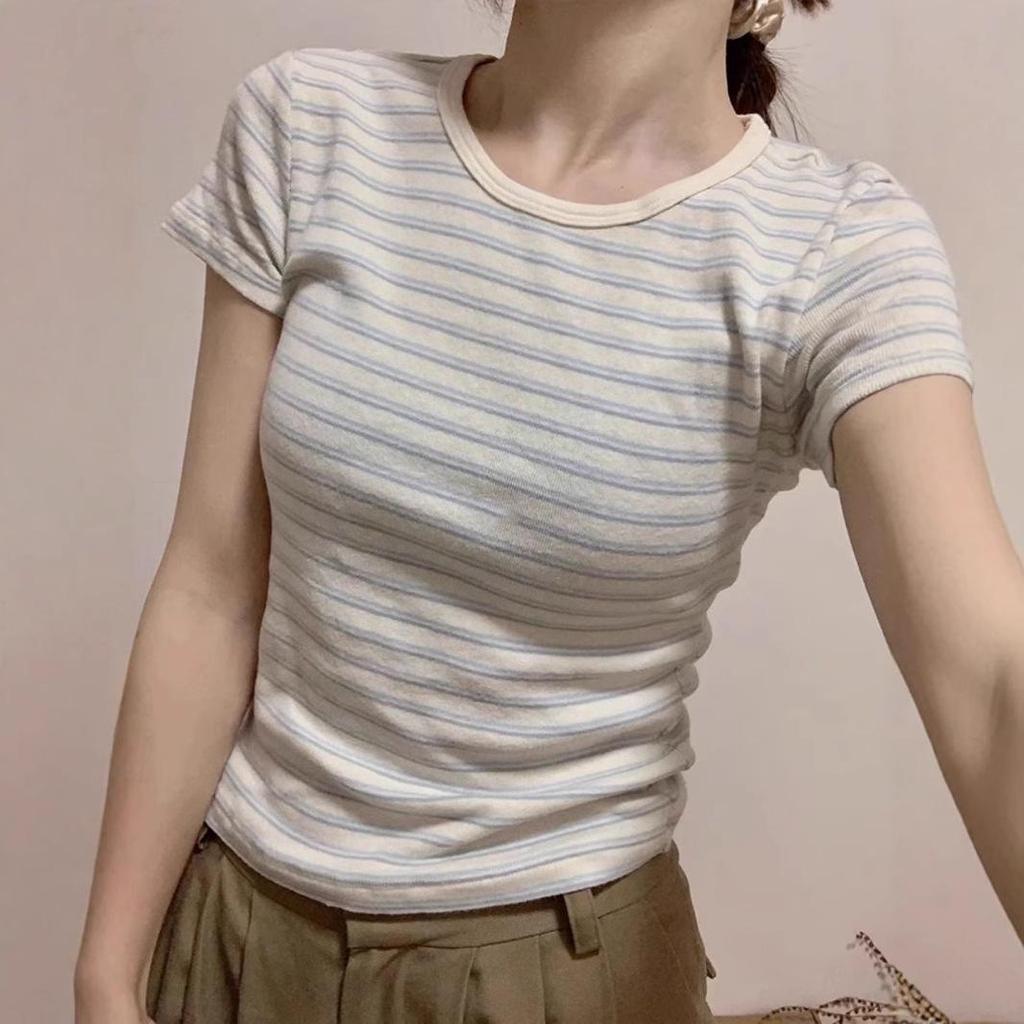 Damen Gestreiftes Kurzarm T-Shirt im Koreanischen Stil – Slim Fit, Süßes und Würziges Sommeroberteil