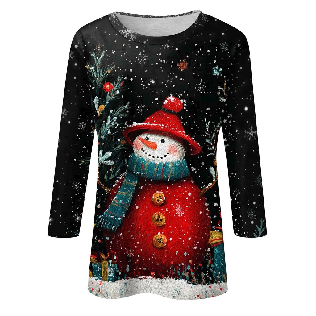 3/4 Sleeve Shirts For Women Print Christmas Tees Blouses Casual Plus Size Basic Tops Pullover