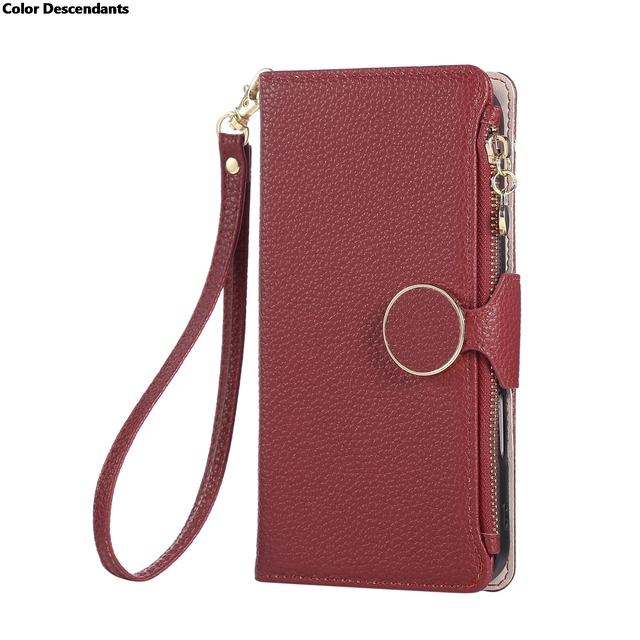 

Wrist Strap Zipper Case For OPPO Realme 14X 14 Pro Plus 13 12 Lite 11 10 9 9i Flip Stand Multi 3 Cards Leather Lanyard Flip Cove Realme 9i-Case & Strap червоний