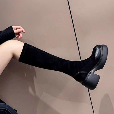 (Leather) 2025 New Platform Boots Boots Women's Elastic and Thin Knee Short Boots Thick Heel Medium Boots
