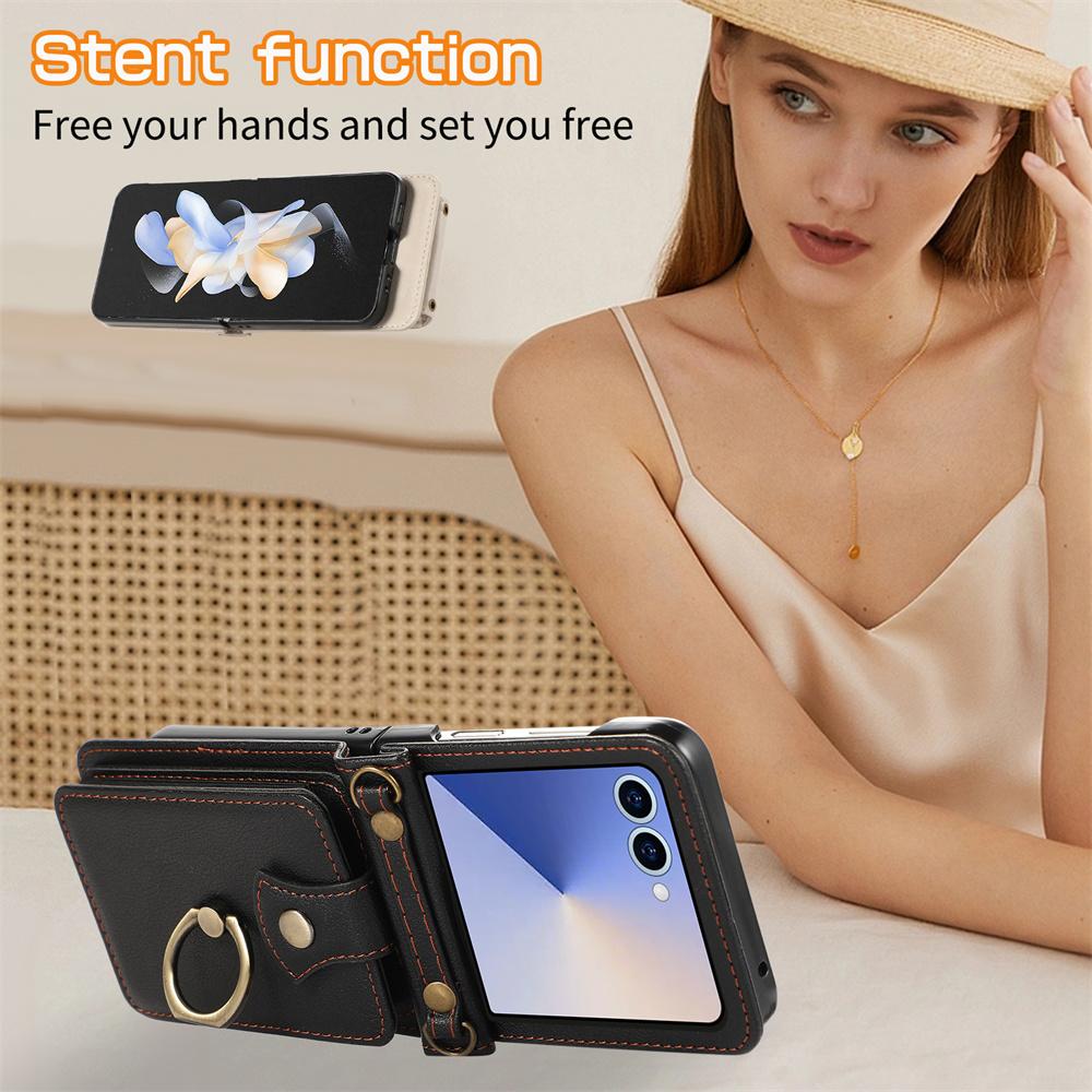 Crossbody Leather Finger Ring Holder Cards Solt Wallet Phone Case for Samsung Galaxy Z Flip 7 6 5 4 3 Flip7 FE Protective Cover