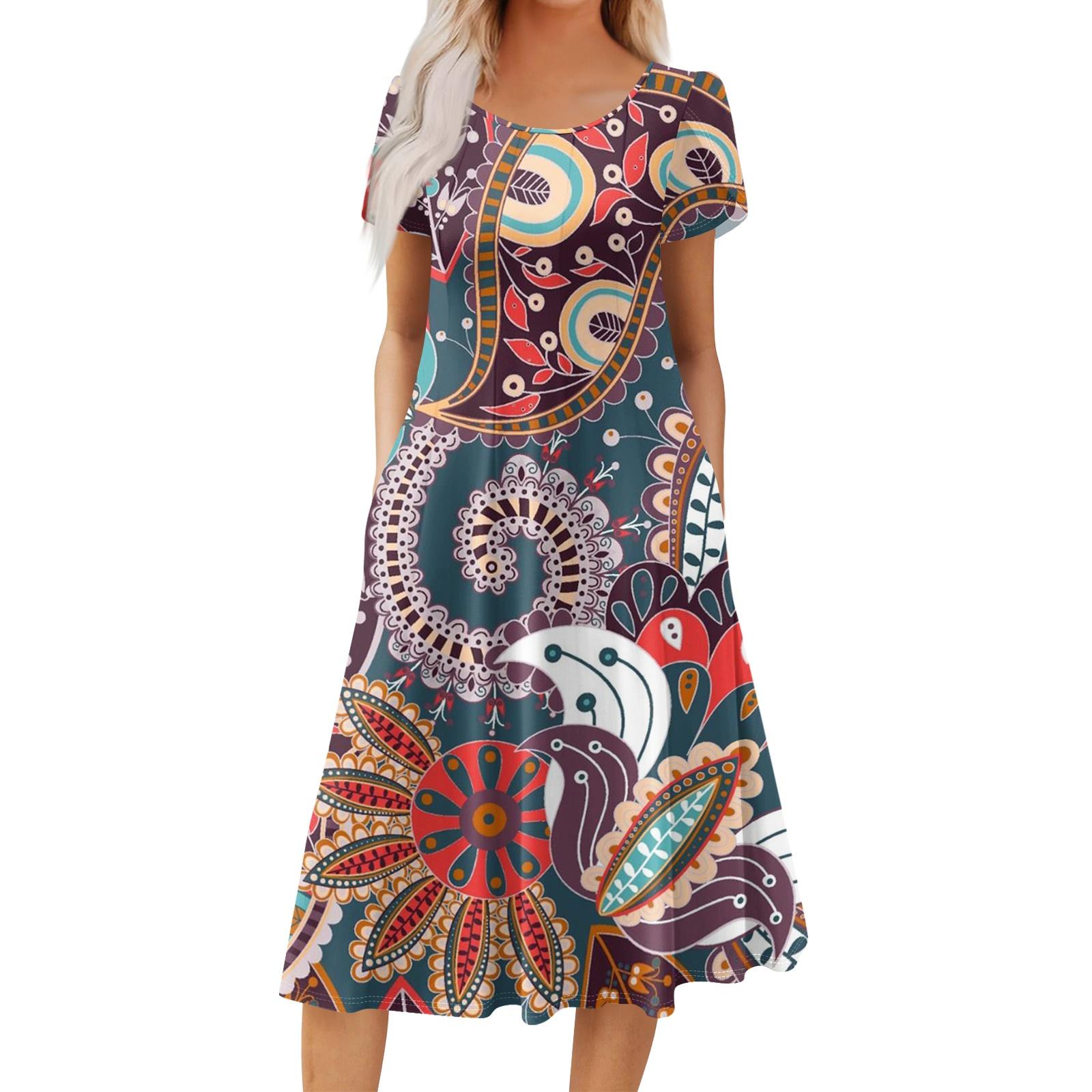 

Women s Casual Fashion Round Neck Printed Short Sleeve Pocket Dress XL
