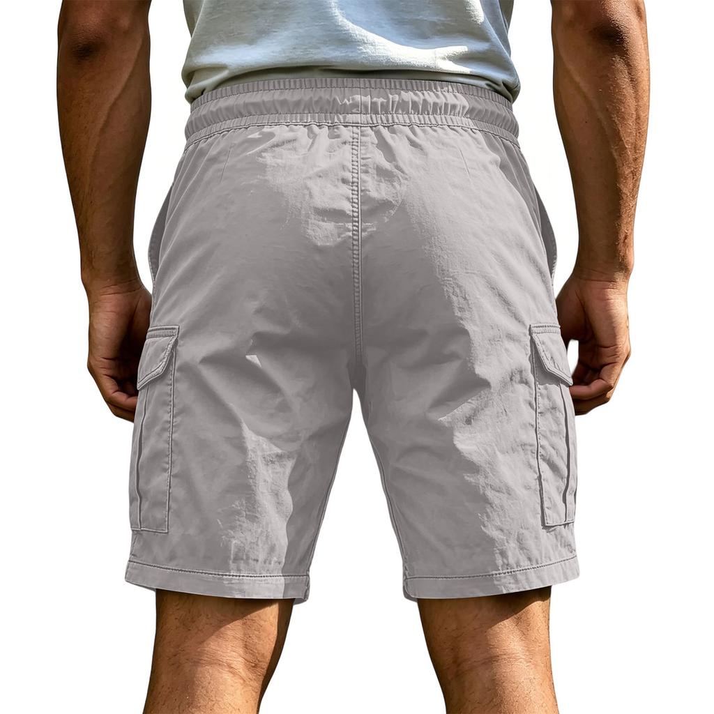 Men's Casual Cargo Shorts Elastic Drawstring Waist Multi-Pocket Summer Quick Dry Workout Solid Color Beach Short Pants