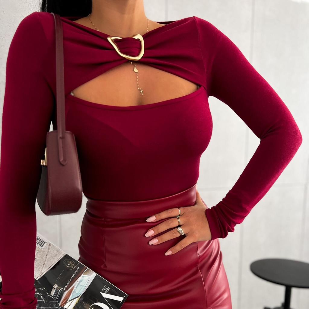 Nou început de toamnă, stil simplu, culoare solidă, subțire, sexy, mâneci lungi, la modă, fete fierbinți, îmbrăcăminte avansată pentru femei