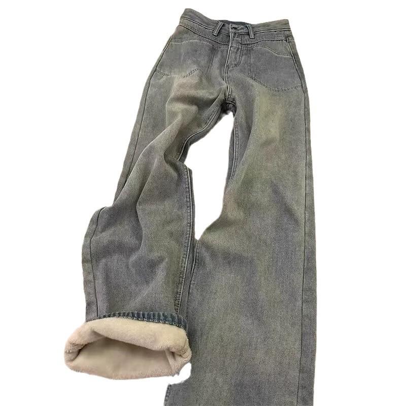 Plus Size High-Waisted Velvet Wide-Leg Jeans for Pear-Shaped Women - Autumn/Winter Slimming and Hip-Covering Pants