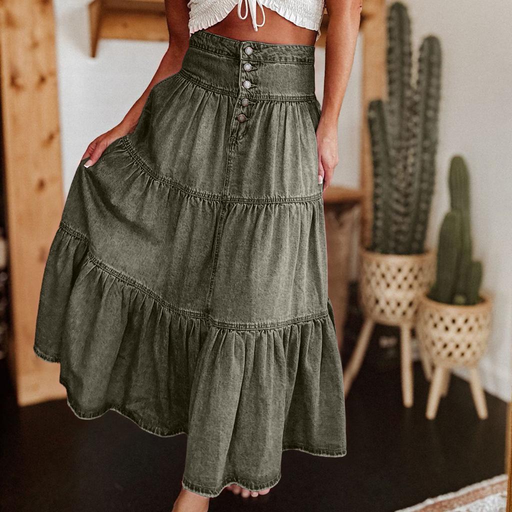 Ladies' Fashionable Retro Button Long Denim Skirt
