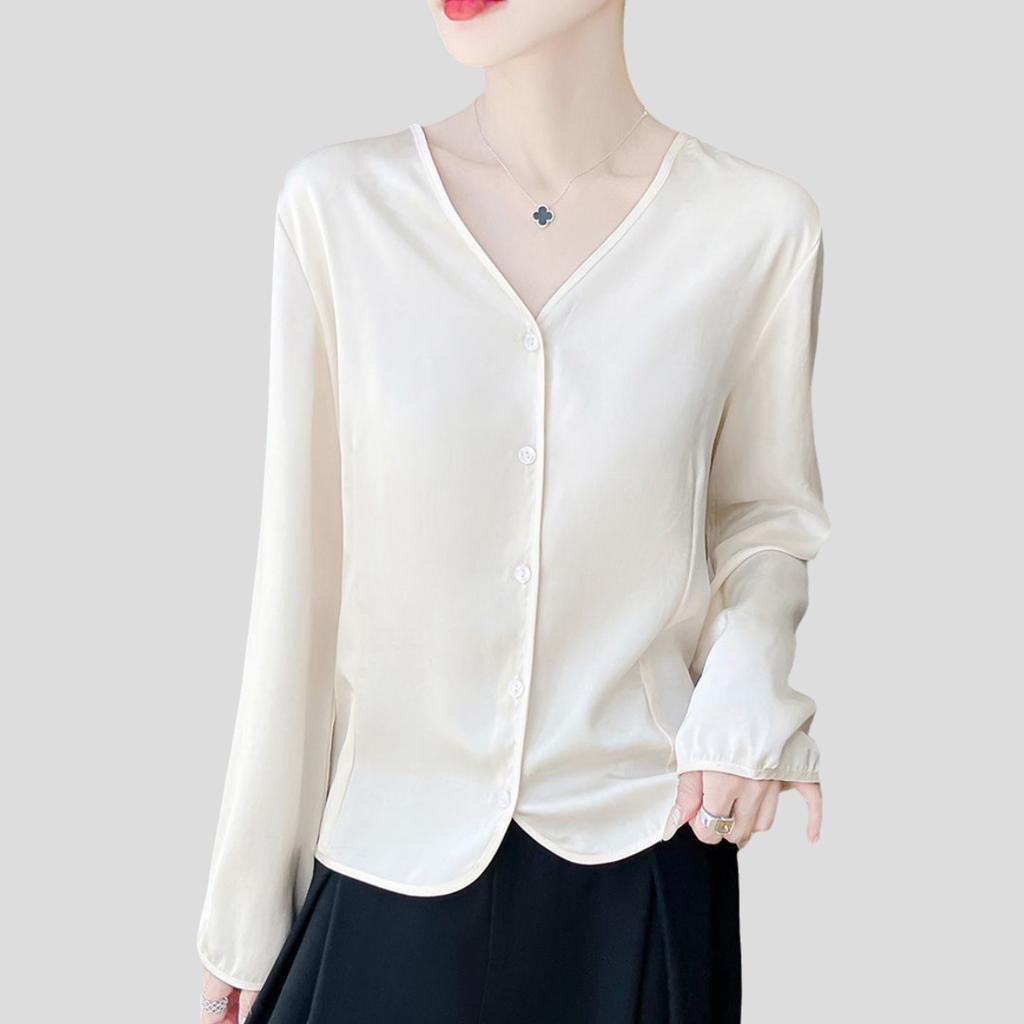 Women's Luxury Satin Blouse Long Sleeve Loose V-Neck Shirt Spring and Summer